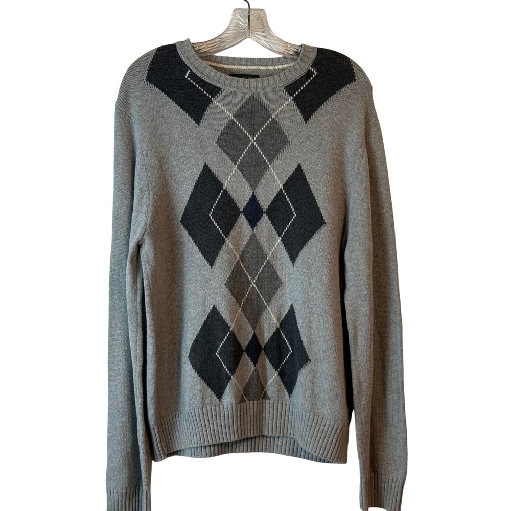 David‎ Taylor Collection Mens Grey Argyle Crew Neck Long Sleeve Sweater S/C